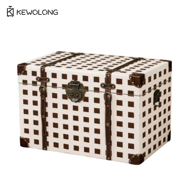 Retro Vintage Trunk Suitcase - Vintage Ekose Baskılı Ahşap Saklama Kutusu,